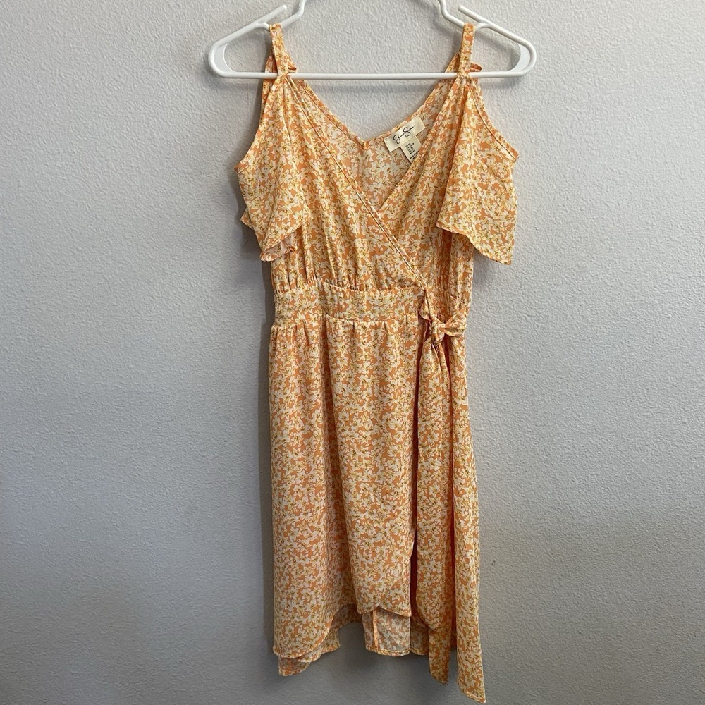 Jessica Simpson Junior's Cold Shoulder Orange Floral Dress Mock Wrap XS